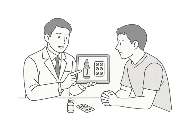 AGAクリニックでミノキシジル外用薬とフィナステリド治療を相談する日本人男性のイラスト