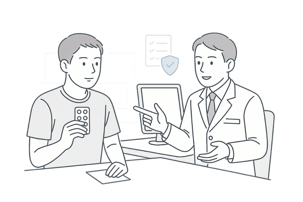 AGAクリニックでトーワフィナステリドの服用について医師と相談する日本人男性のイメージ