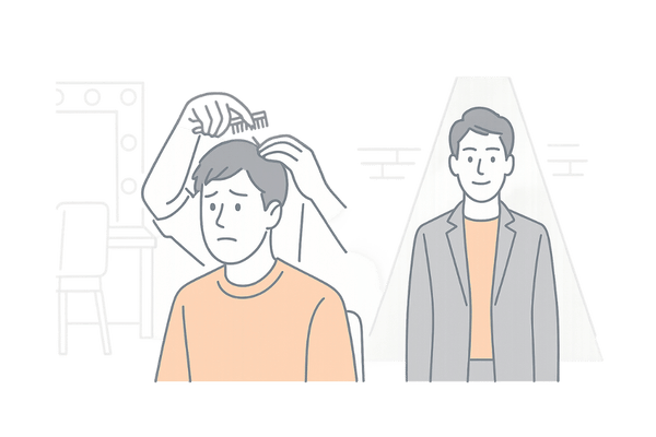 つむじはげに悩む芸能人風男性のメンタルケアとヘアメイク工夫イメージ