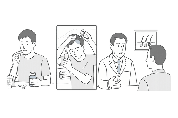 つむじはげ治療の内服薬・外用薬・注入療法・植毛を比較するイメージイラスト