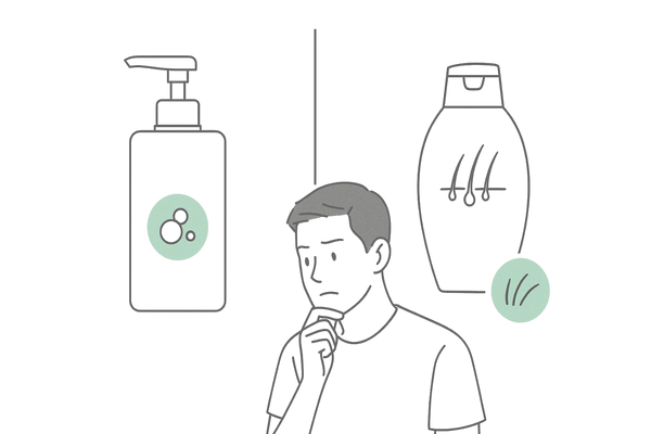バルガスシャンプーとバルモシャンプーを比較する男性のイメージ