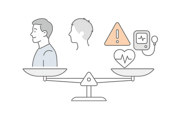 バイアグラとミノキシジル併用のメリットとリスクのバランスを示すイラスト