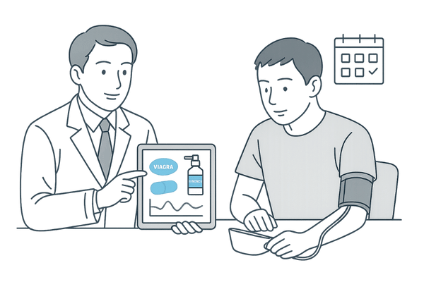 バイアグラとミノキシジル併用時に血圧管理と医師相談を行う日本人男性のイメージ