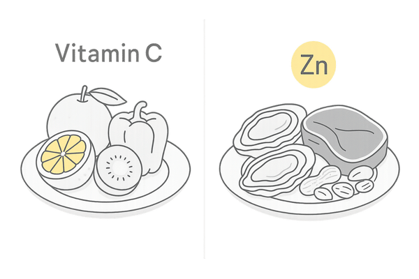 ビタミンC食品と亜鉛食品を並べた食事イメージ（育毛を意識した栄養バランス）