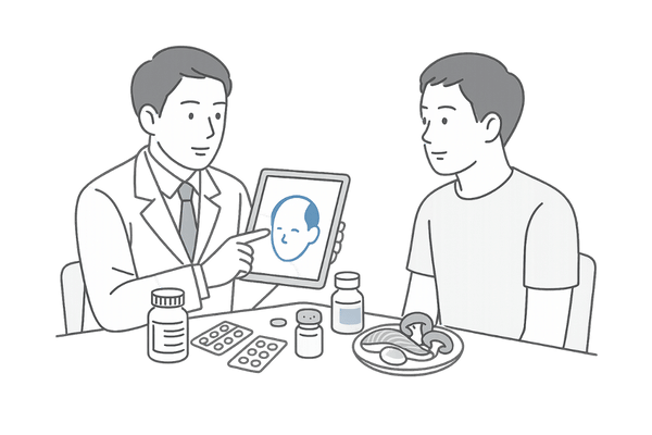 AGA治療とビタミンDサプリ・食事を組み合わせた薄毛対策イメージ