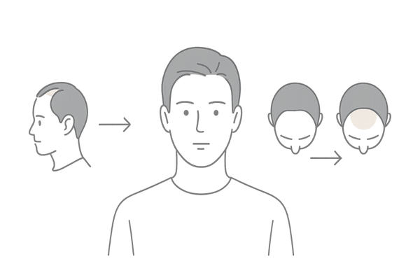 若ハゲの初期サイン（生え際・頭頂部の変化）を示す図