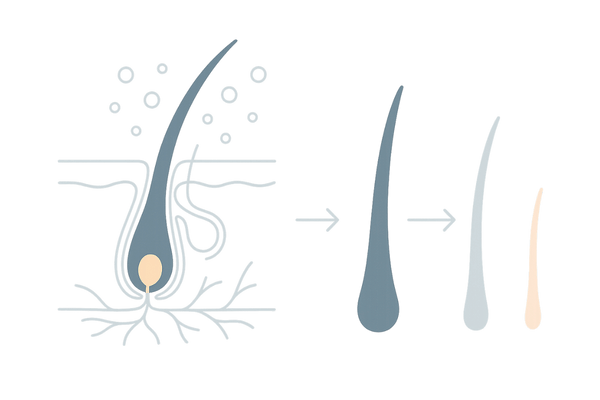 若ハゲの原因メカニズム（DHTと毛周期短縮）イメージ図