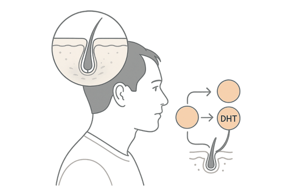 男性ホルモンとジヒドロテストステロンが頭頂部の毛根に作用する仕組みイラスト