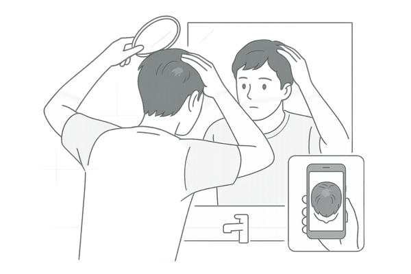 手鏡とスマホで頭頂部の若ハゲ進行度をセルフチェックする男性のイラスト