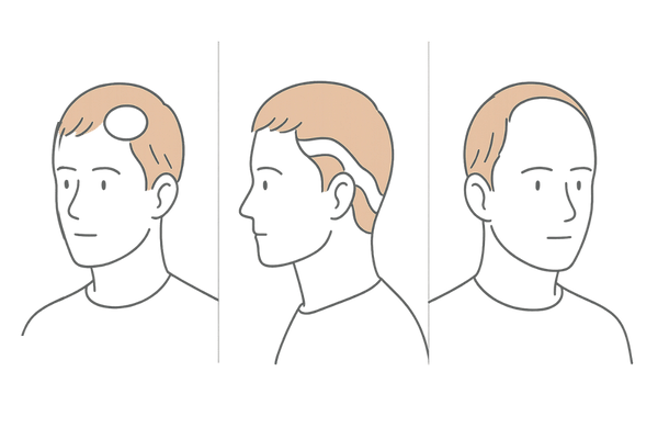 通常の円形脱毛症・蛇行型円形脱毛症・AGAの進行パターン比較イメージ