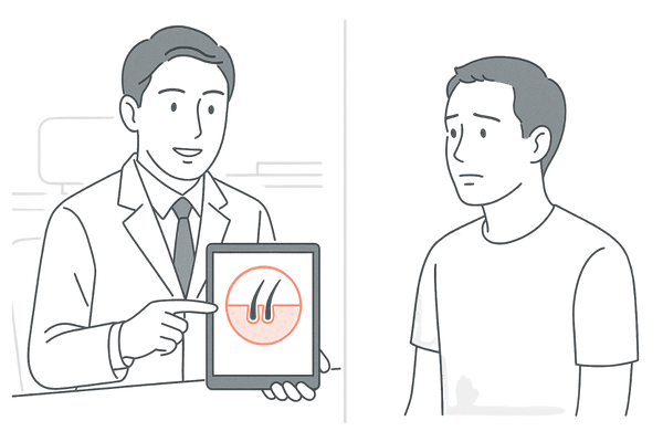 蛇行型円形脱毛症を診察する医師と患者のカウンセリング場面