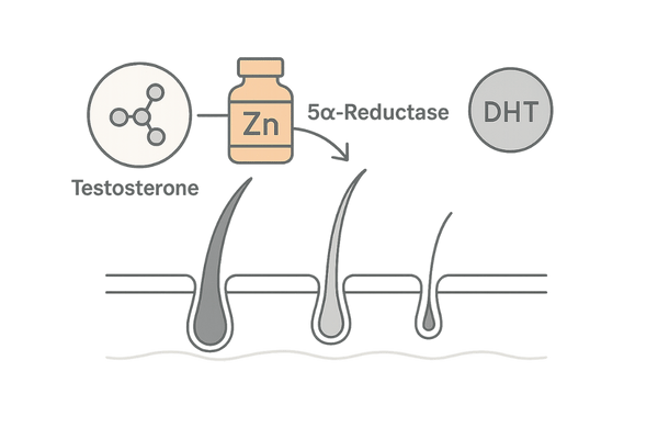 テストステロンからDHTへの変換と亜鉛による抑制イメージ図