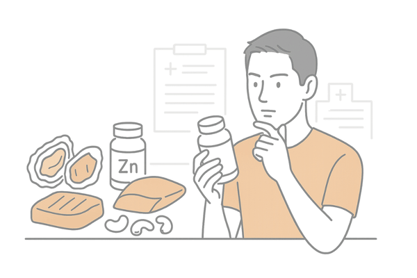 亜鉛を含む食品とサプリメントでAGA治療を補助する男性のイメージ