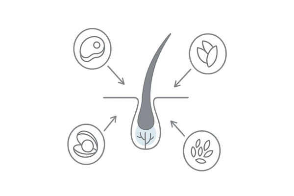 栄養と毛髪：タンパク質・亜鉛・ビタミンB群の補給イメージ