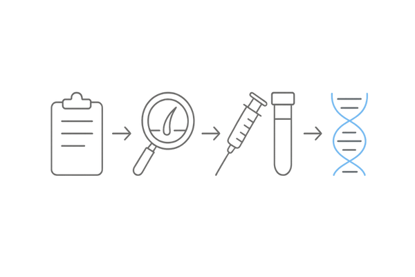 AGA 検査の全体像：問診→視診→血液検査→遺伝子検査のフロー