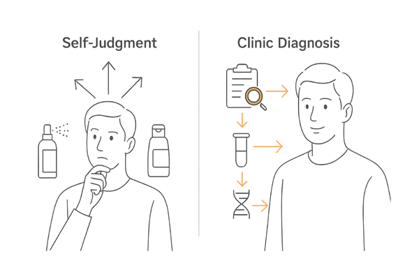 専門検査の必要性：自己判断とクリニック診断の違いを示す比較図（AGA）