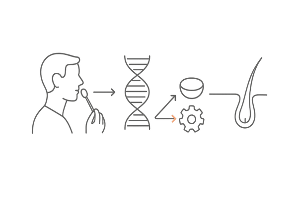 遺伝子検査の流れ：口腔内採取→DNA→感受性評価（AR／5α還元酵素）概念図