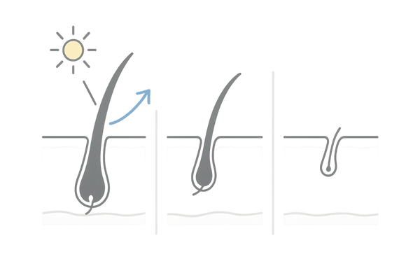 ヘアサイクル正常化の流れ(成長期・退行期・休止期の3コマ)