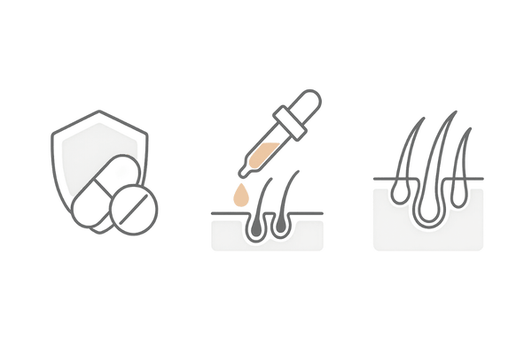 AGA治療法の役割分担｜内服薬・外用薬・自毛植毛の位置づけアイコン比較