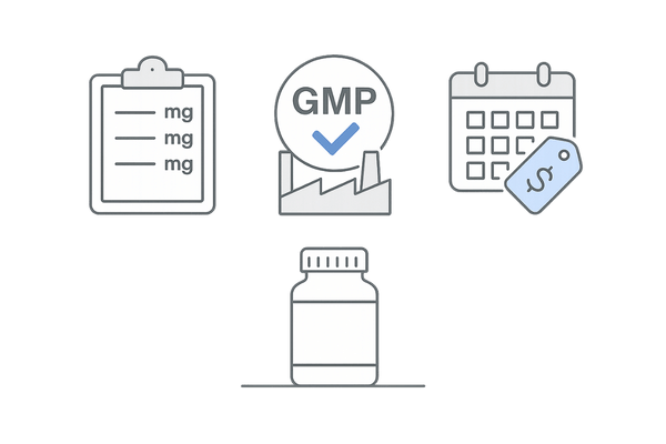 サプリメント選びのチェックリスト図(成分量・GMP・価格継続性)