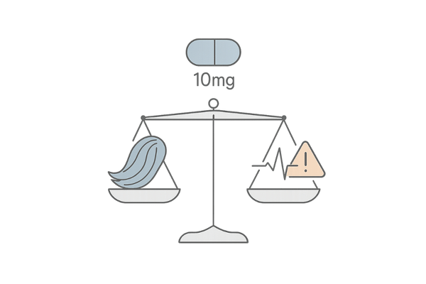 10mg増量のリスクと効果のバランス（天秤：発毛と心血管リスク）