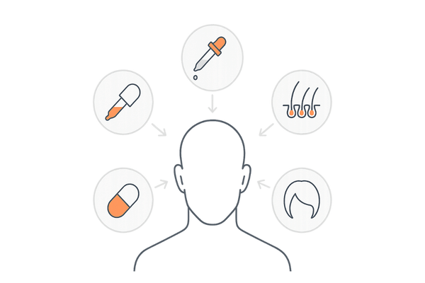 AGA治療の全体像を示す5カテゴリー図（塗り薬・飲み薬・頭皮注射・植毛・ウィッグ）