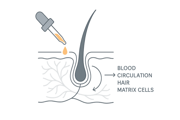 育毛剤・発毛剤の作用イメージ（血行促進と毛母細胞活性）