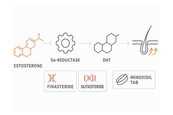 内服薬の作用メカニズム（T→5α還元→DHTと各薬剤の作用点）