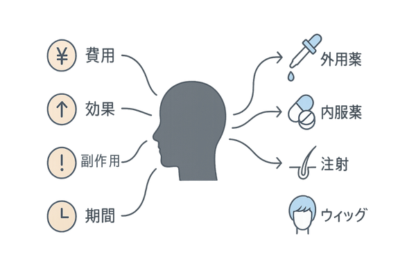 AGA治療選択の意思決定フロー（費用・効果・副作用・期間→各治療）