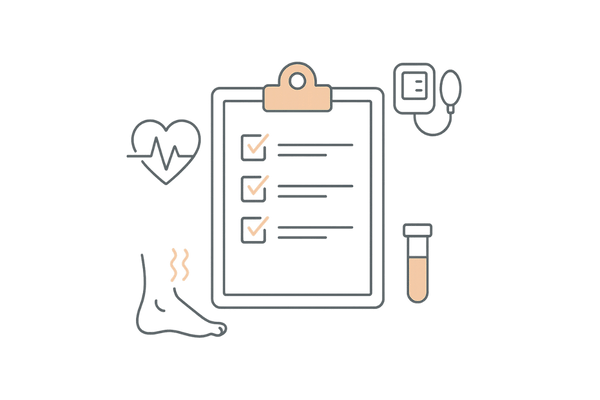 副作用リスクとモニタリング｜チェックリスト・心血管・採血の抽象図