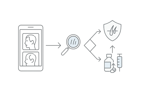 治療効果の客観評価と調整フロー｜写真記録・マイクロスコープ・用量調整の概念図
