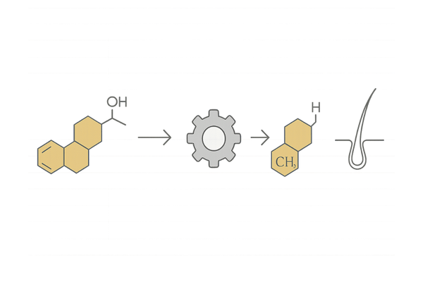 AGAの仕組み図|テストステロン→5αリダクターゼ→DHT→毛包ミニチュア化