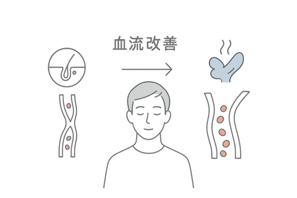 ストレスと血流：頭皮の血行低下とリラックスでの改善イメージ