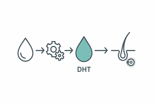 DHTによるAGAメカニズム｜テストステロン→5αリダクターゼ→DHT→毛包