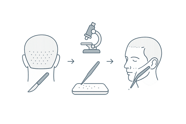 FUT自毛植毛の手術流れ（採取・株分け・植え込み）イメージ