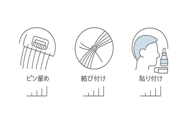 メンズウィッグの装着タイプ比較（ピン留め・結び付け・貼り付け）