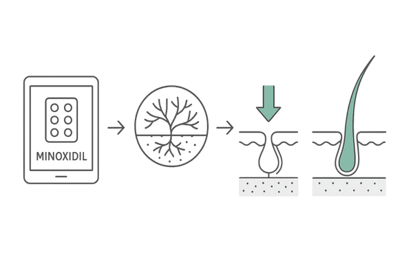 ミノキシジルタブレットの作用フロー|血管拡張→毛包栄養→発毛促進
