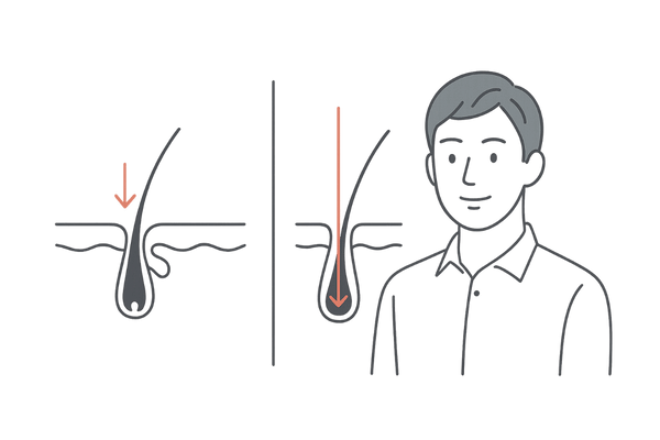 生え際と頭頂部での外用薬浸透イメージ比較｜到達イメージ図