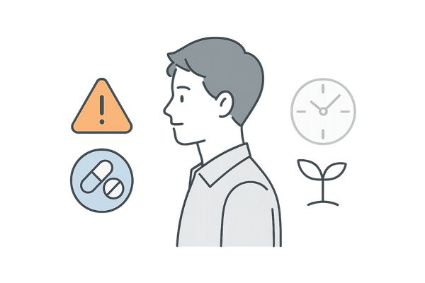 10代は医薬品治療を急がない｜成長期と慎重判断を示す注意アイコン